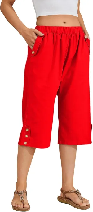 Women Summer Capri Pants Casual Wide Leg Elastic Waist Lightweight Cropped Loose Pants with Pockets