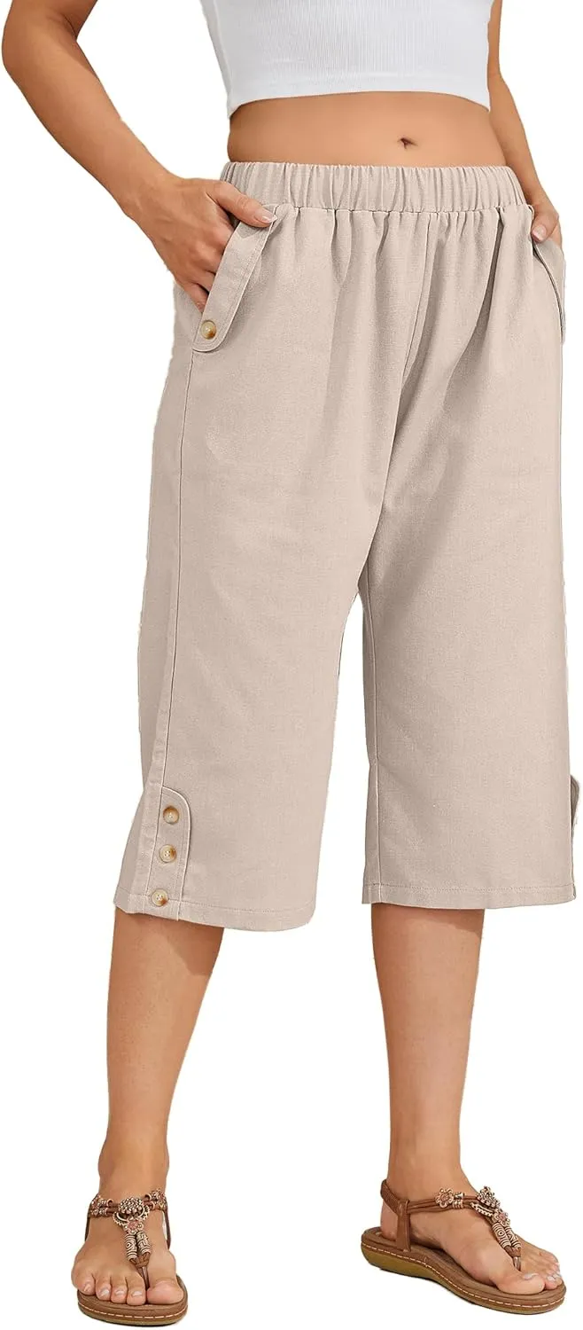 Women Summer Capri Pants Casual Wide Leg Elastic Waist Lightweight Cropped Loose Pants with Pockets
