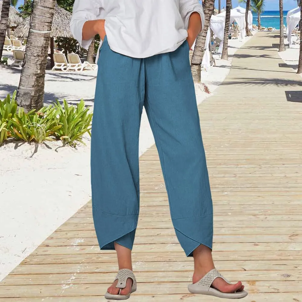 Women Summer Linen Wide Leg Capris Casual Pleated Elastic Waist Baggy Pants Beach Palazzo Trousers with Pockets