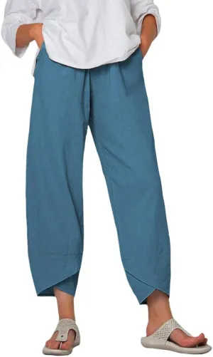Women Summer Linen Wide Leg Capris Casual Pleated Elastic Waist Baggy Pants Beach Palazzo Trousers with Pockets