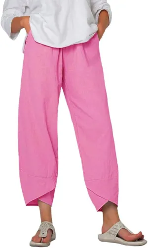 Women Summer Linen Wide Leg Capris Casual Pleated Elastic Waist Baggy Pants Beach Palazzo Trousers with Pockets