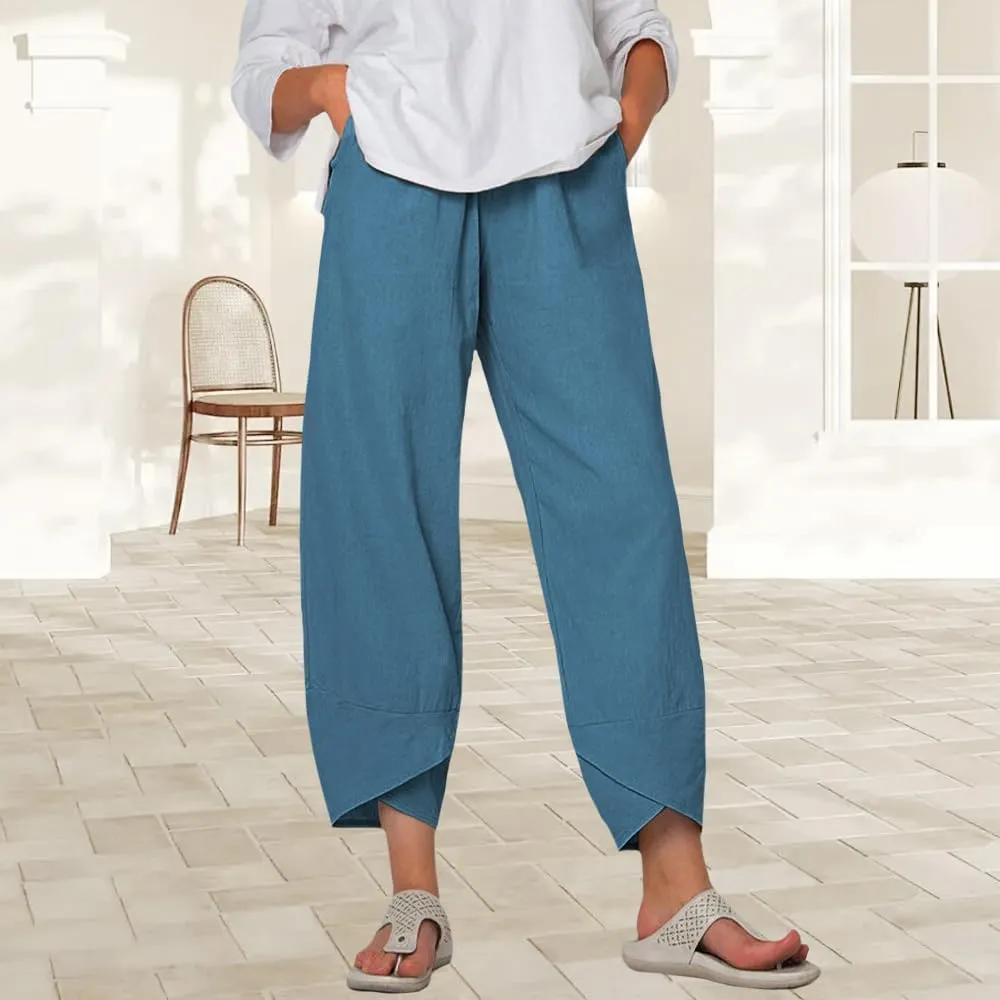 Women Summer Linen Wide Leg Capris Casual Pleated Elastic Waist Baggy Pants Beach Palazzo Trousers with Pockets