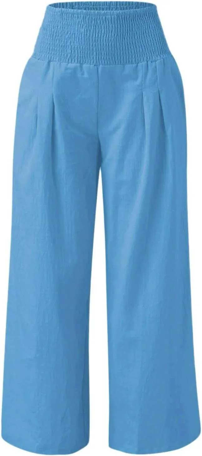 Women Summer Palazzo Pants High Elastic Waisted Cotton Linen Pants Wide Leg Long Leisure Pant Trousers Beach