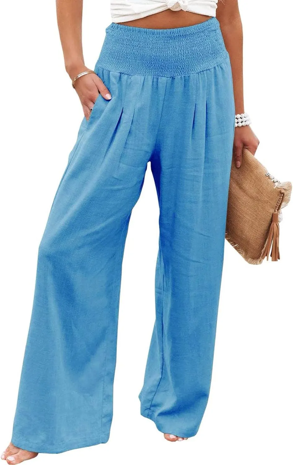 Women Summer Palazzo Pants High Elastic Waisted Cotton Linen Pants Wide Leg Long Leisure Pant Trousers Beach