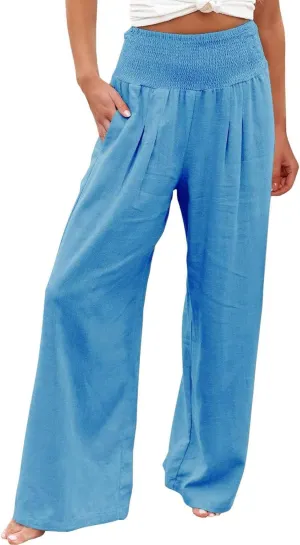 Women Summer Palazzo Pants High Elastic Waisted Cotton Linen Pants Wide Leg Long Leisure Pant Trousers Beach