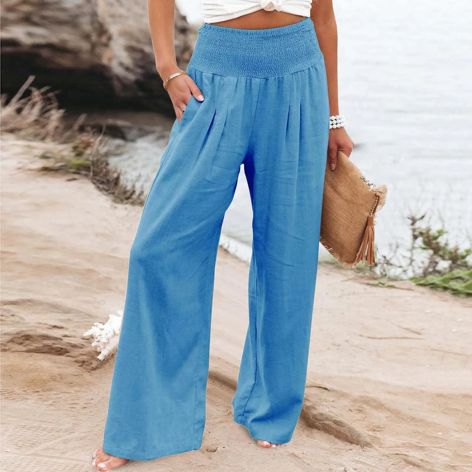Women Summer Palazzo Pants High Elastic Waisted Cotton Linen Pants Wide Leg Long Leisure Pant Trousers Beach