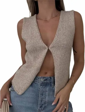 Women Y2k Knit Vest Top Crochet V Neck Sleeveless Button Down Sweater Vest Tank Tops Vintage Streetwear