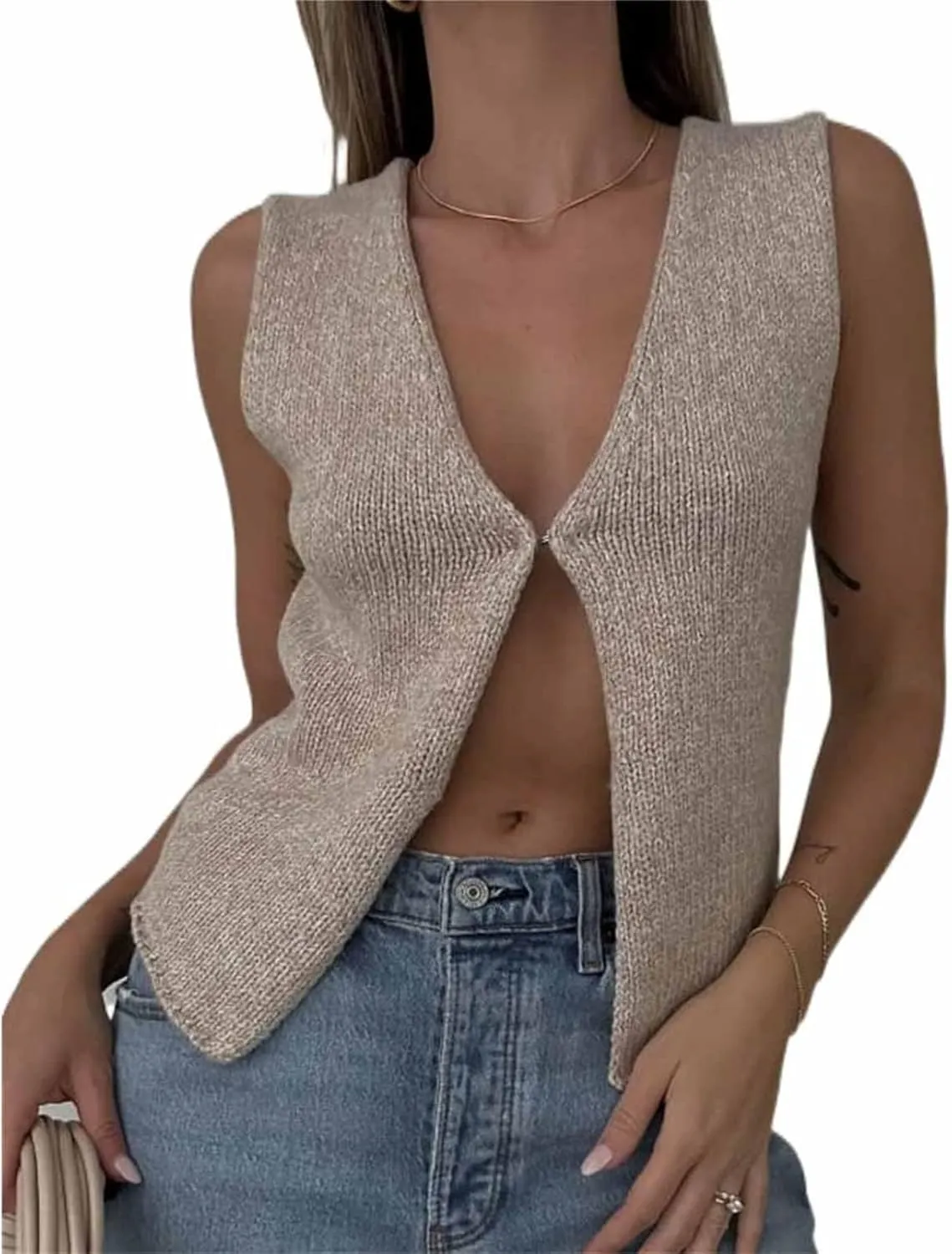Women Y2k Knit Vest Top Crochet V Neck Sleeveless Button Down Sweater Vest Tank Tops Vintage Streetwear