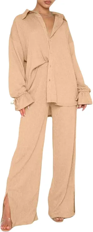 Women's 2 Piece Casual Outfits Solid Graphic Button Shirt and Loose High Waist Wide Leg Palazzo Pants Set Shorts