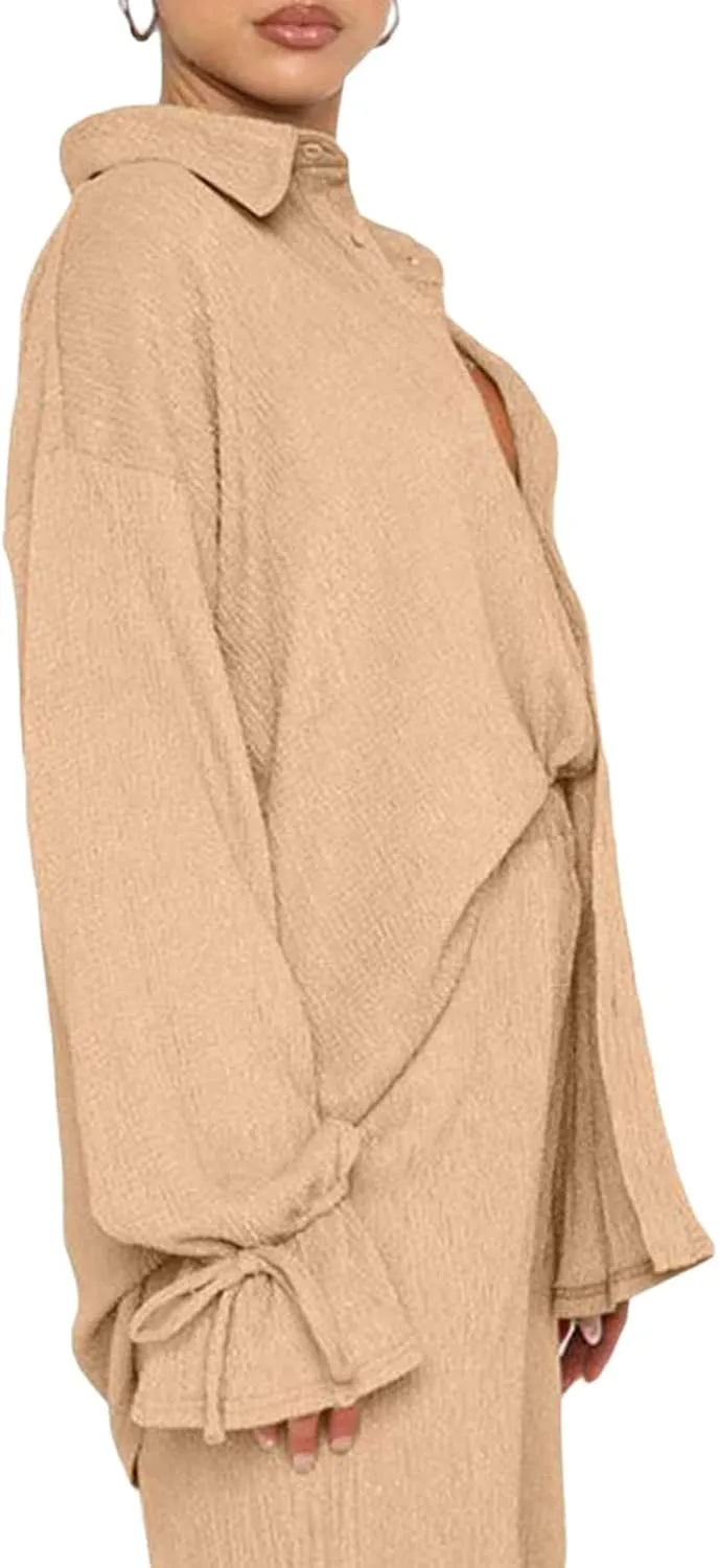 Women's 2 Piece Casual Outfits Solid Graphic Button Shirt and Loose High Waist Wide Leg Palazzo Pants Set Shorts