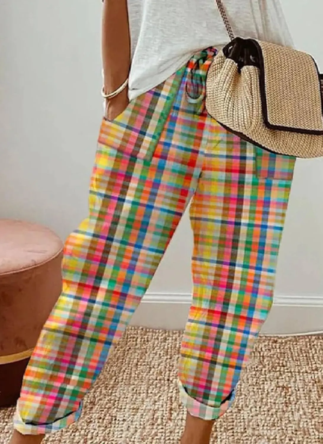 Women's 2025 Spring Casual Harem Pants Lightweight Drawstring Elastic Waist Plaid Print Pants with Pockets