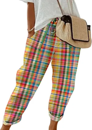 Women's 2025 Spring Casual Harem Pants Lightweight Drawstring Elastic Waist Plaid Print Pants with Pockets