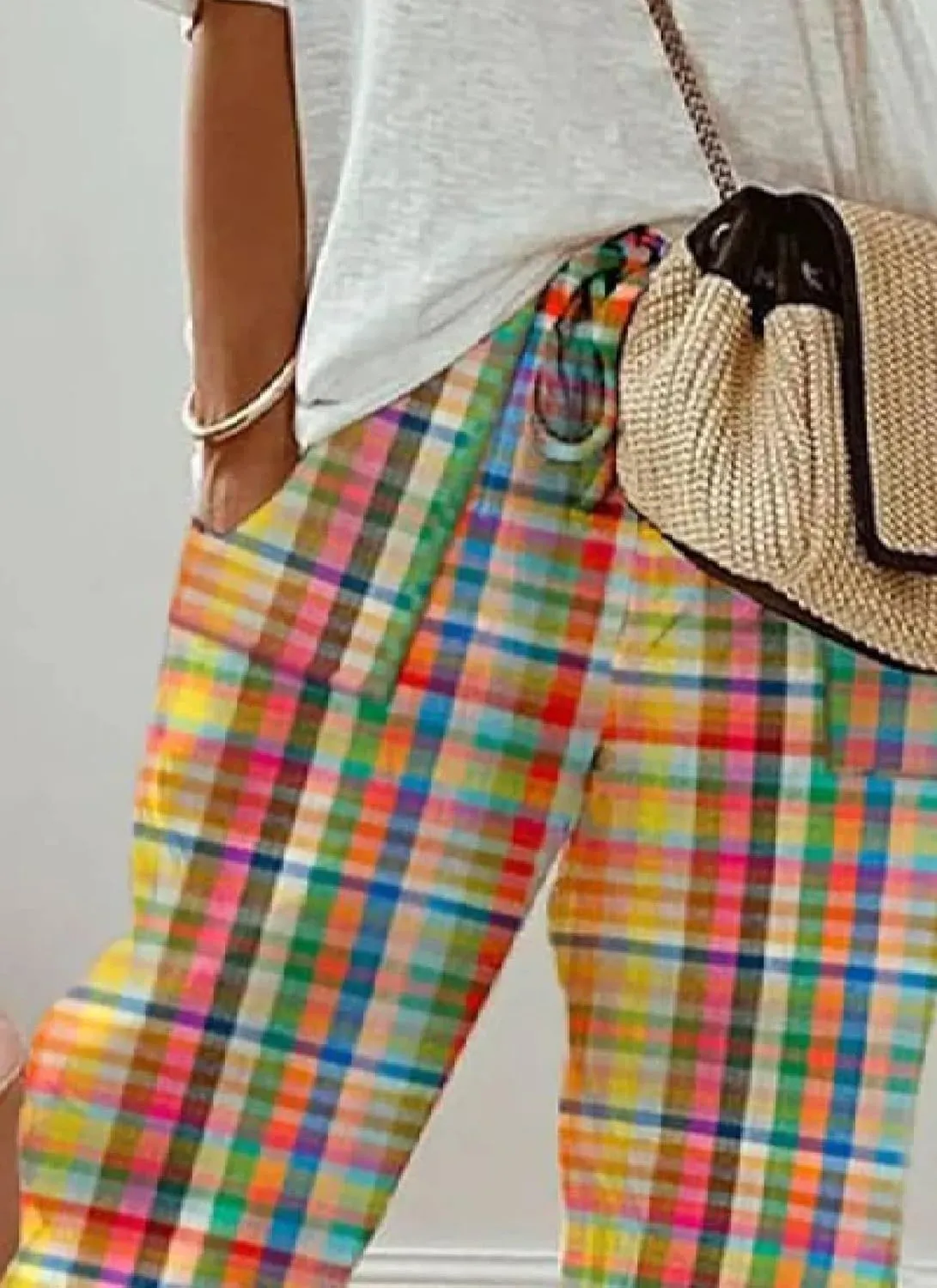 Women's 2025 Spring Casual Harem Pants Lightweight Drawstring Elastic Waist Plaid Print Pants with Pockets