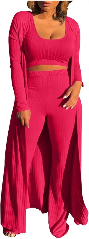 Women's 3 Piece Knit Lounge Set Pajama Long Sleeve Cardigan Sleeveless Top High Waist Pants Sweatsuit Loungewear