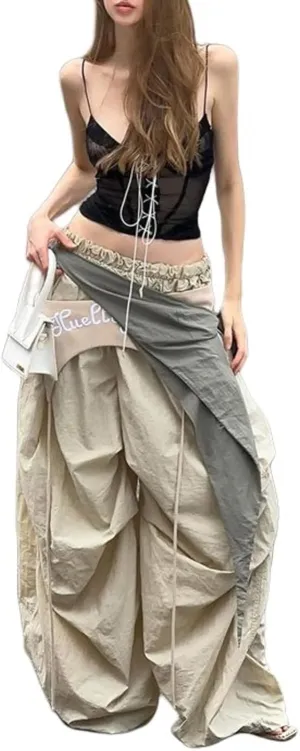 Women's Baggy Cargo Pants Elastic High Waist Trendy Wide Leg Trousers Loose Fit Y2K Hip Hop Streetwear