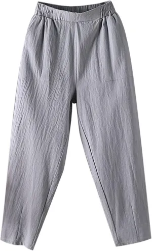 Womens Baggy Wide Leg Pants Casual Drawstring Elastic Waist Linen Carpi Pants Summer 2025 Harem Trousers with Pockets