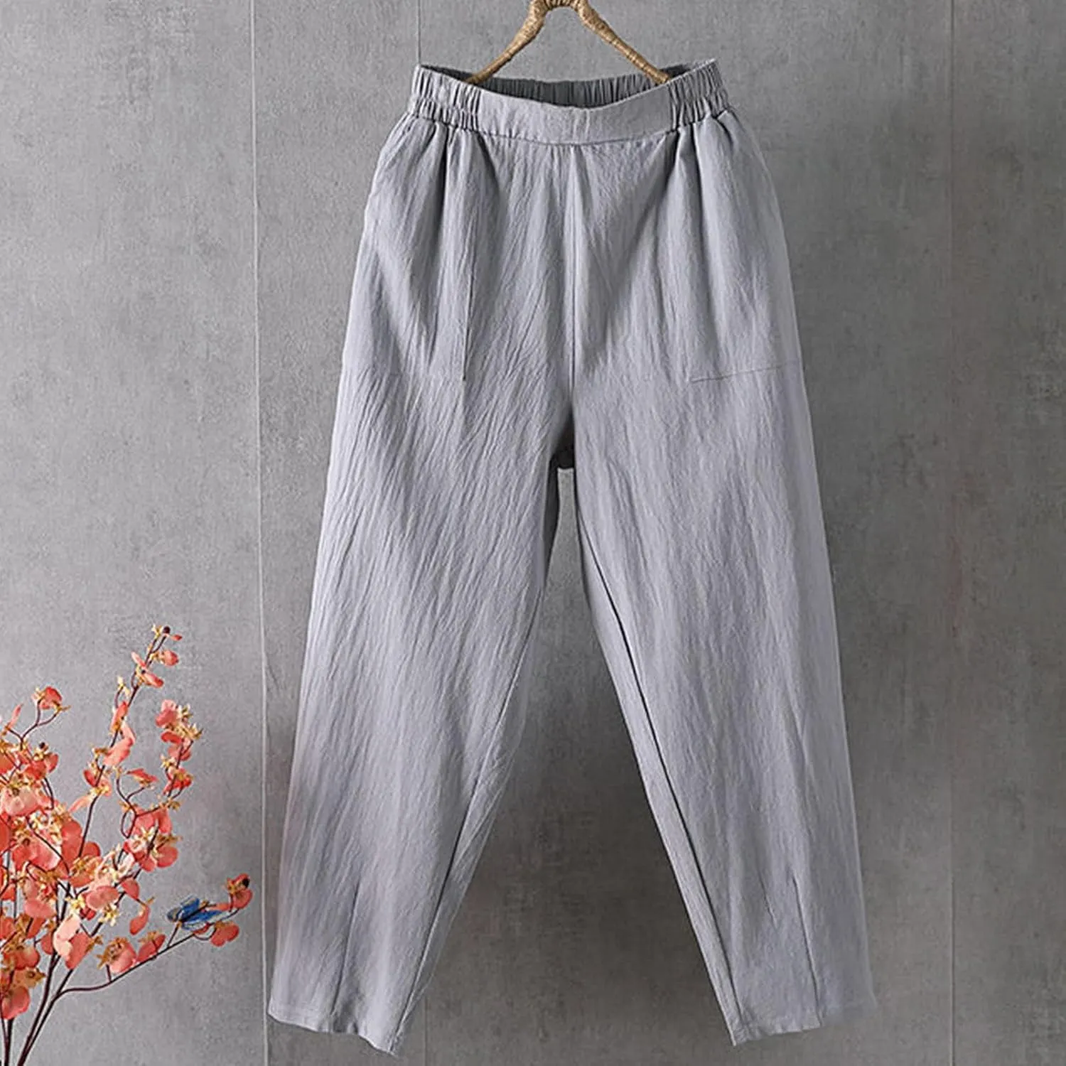 Womens Baggy Wide Leg Pants Casual Drawstring Elastic Waist Linen Carpi Pants Summer 2025 Harem Trousers with Pockets