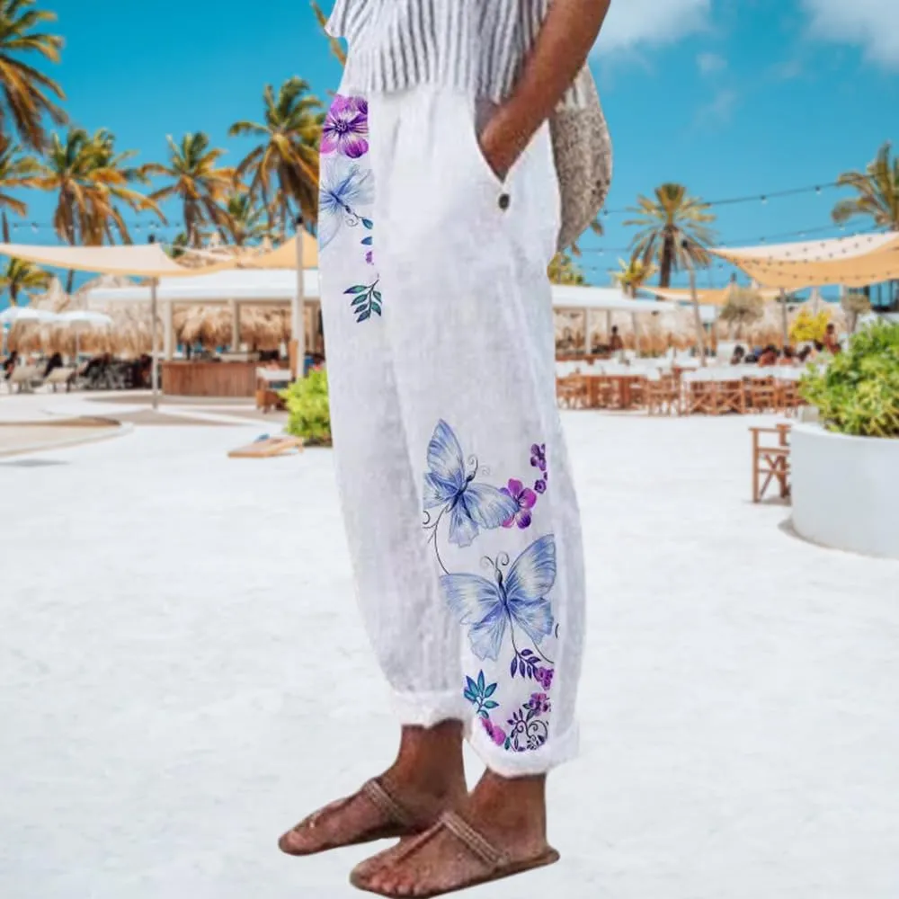 Womens Boho Floral Linen Pants Casual Elastic Waist Capri Pants Cotton Gauze Plus Size Crop Trousers with Pockets