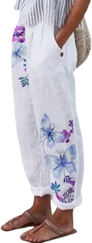 Womens Boho Floral Linen Pants Casual Elastic Waist Capri Pants Cotton Gauze Plus Size Crop Trousers with Pockets