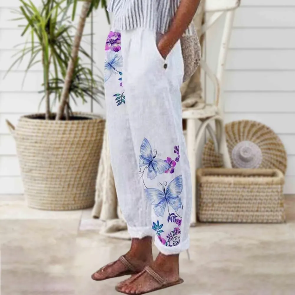 Womens Boho Floral Linen Pants Casual Elastic Waist Capri Pants Cotton Gauze Plus Size Crop Trousers with Pockets