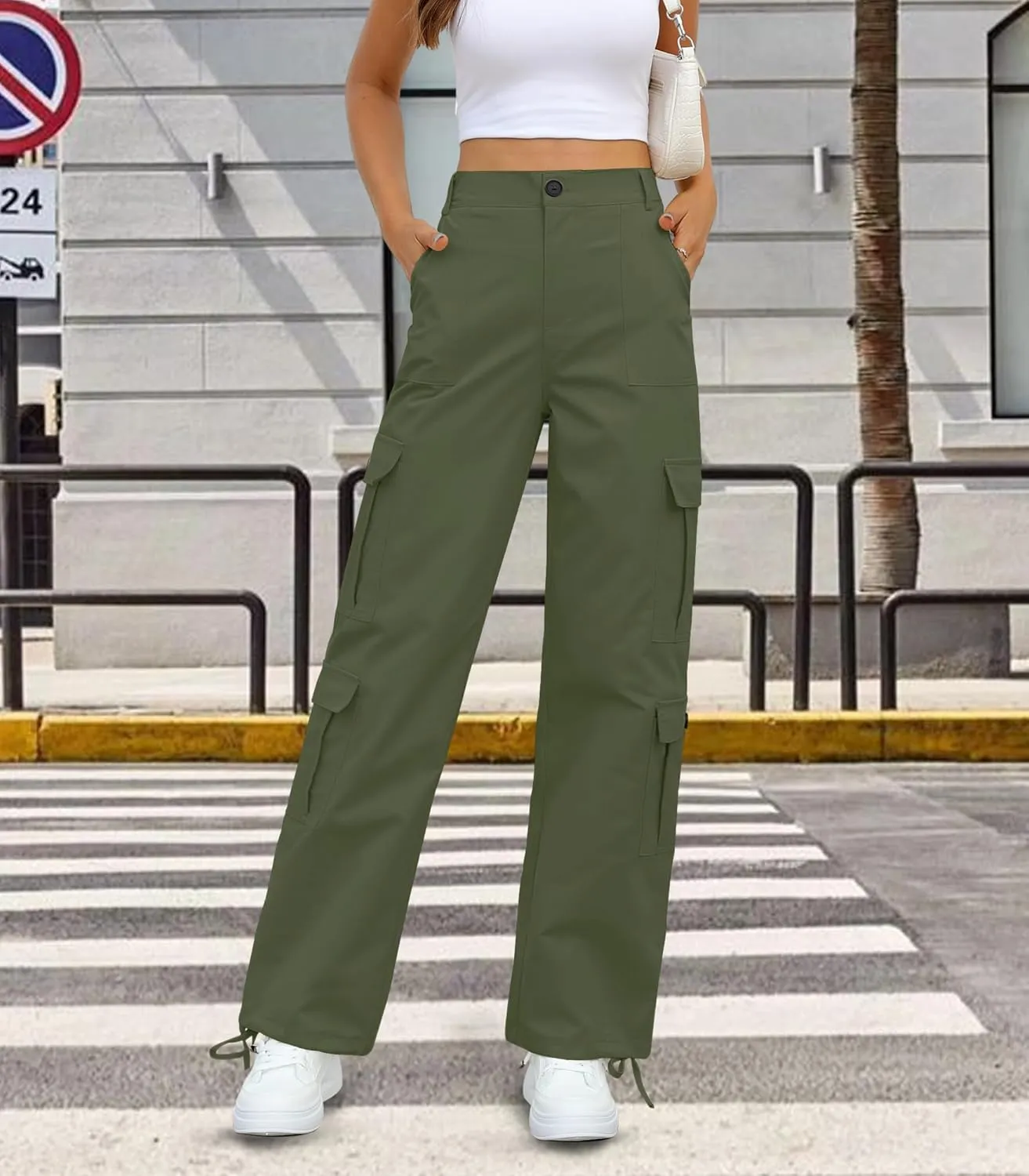 Womens Cargo Pants High Waisted Wide Leg Casual Pants Baggy Y2k Trousers with 8 Pockets