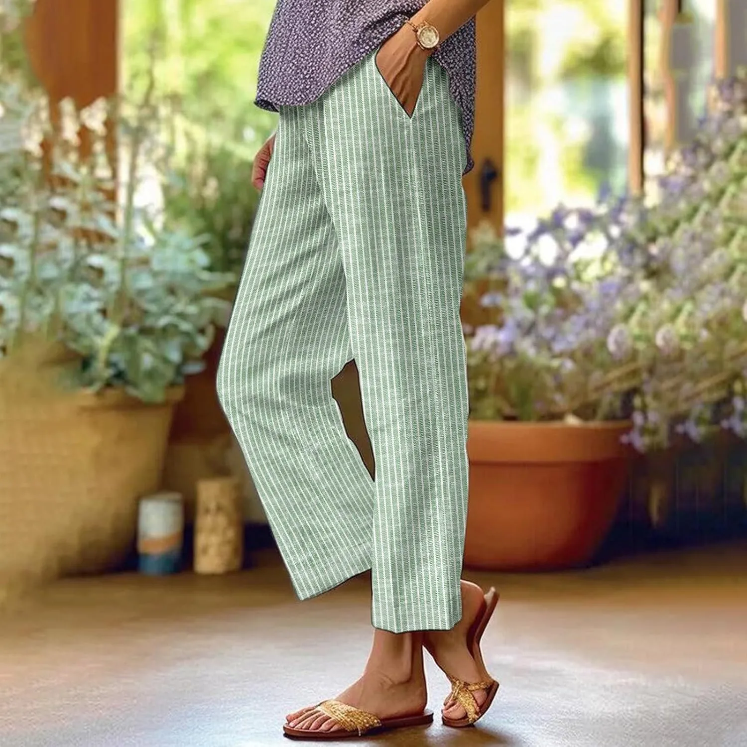 Women's Casual Boho Floral Print Stripe Cotton Linen Pants Elastic Waisted Drawstring Summer Spring Beach Baggy Capri