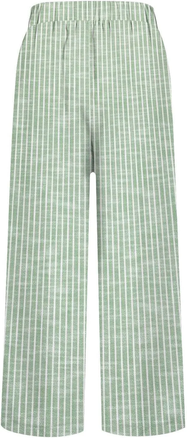Women's Casual Boho Floral Print Stripe Cotton Linen Pants Elastic Waisted Drawstring Summer Spring Beach Baggy Capri