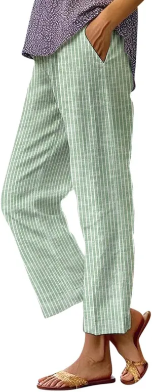 Women's Casual Boho Floral Print Stripe Cotton Linen Pants Elastic Waisted Drawstring Summer Spring Beach Baggy Capri