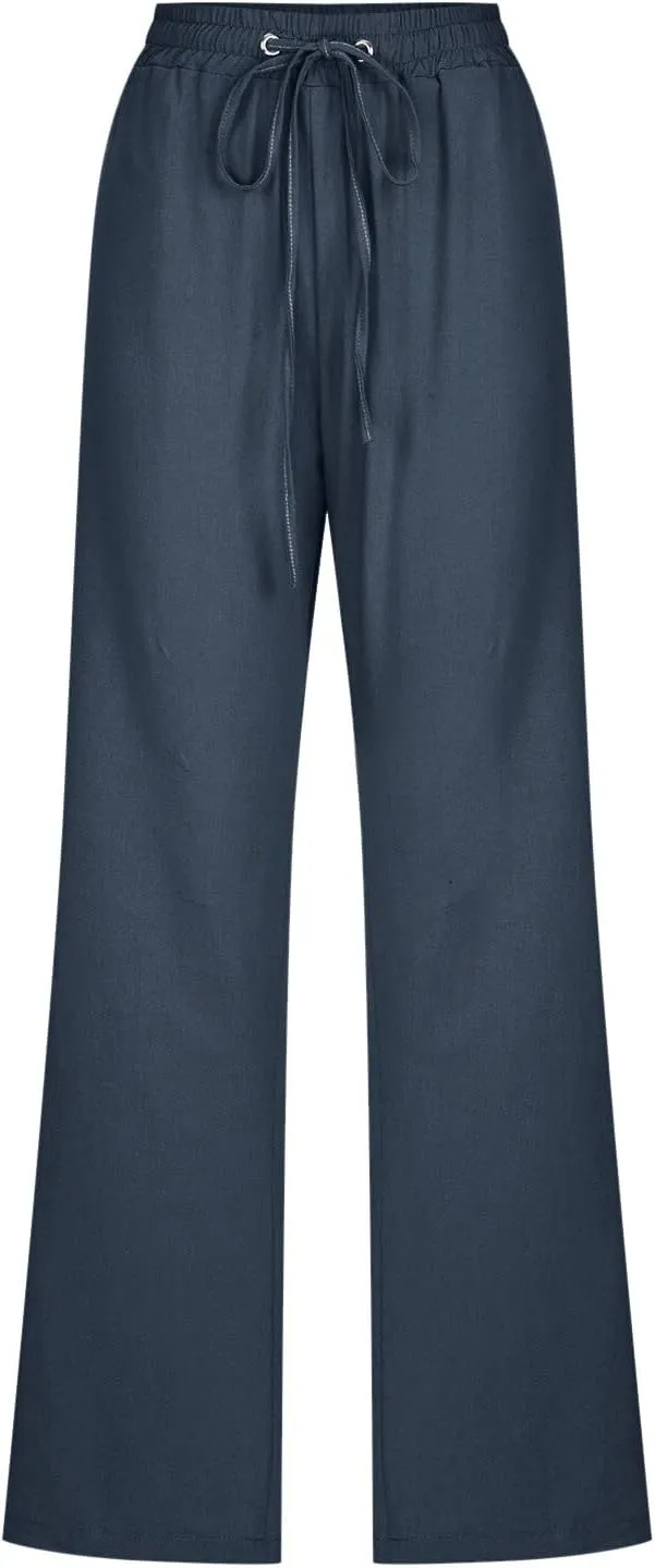 Womens Casual Linen Pants 2025 Summer Loose Fit Drawstring Elastic Waist Beach Pants Lightweight Lounge Long Trousers