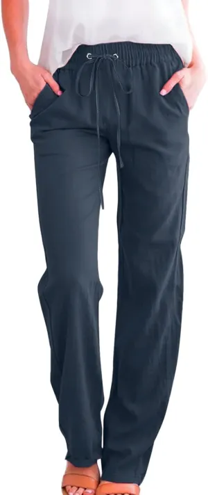 Womens Casual Linen Pants 2025 Summer Loose Fit Drawstring Elastic Waist Beach Pants Lightweight Lounge Long Trousers
