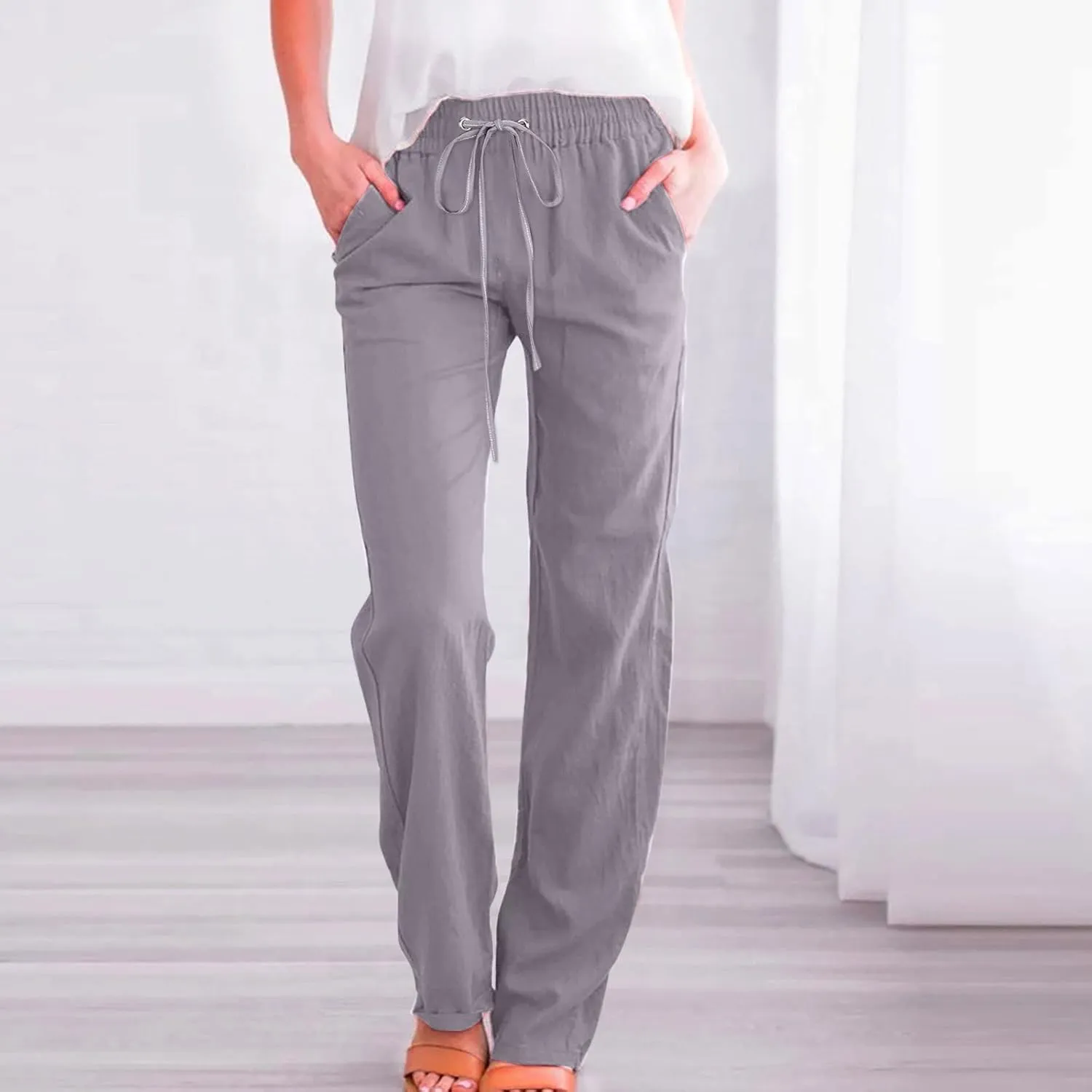 Womens Casual Linen Pants 2025 Summer Loose Fit Drawstring Elastic Waist Beach Pants Lightweight Lounge Long Trousers