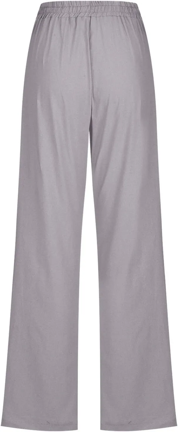 Womens Casual Linen Pants 2025 Summer Loose Fit Drawstring Elastic Waist Beach Pants Lightweight Lounge Long Trousers