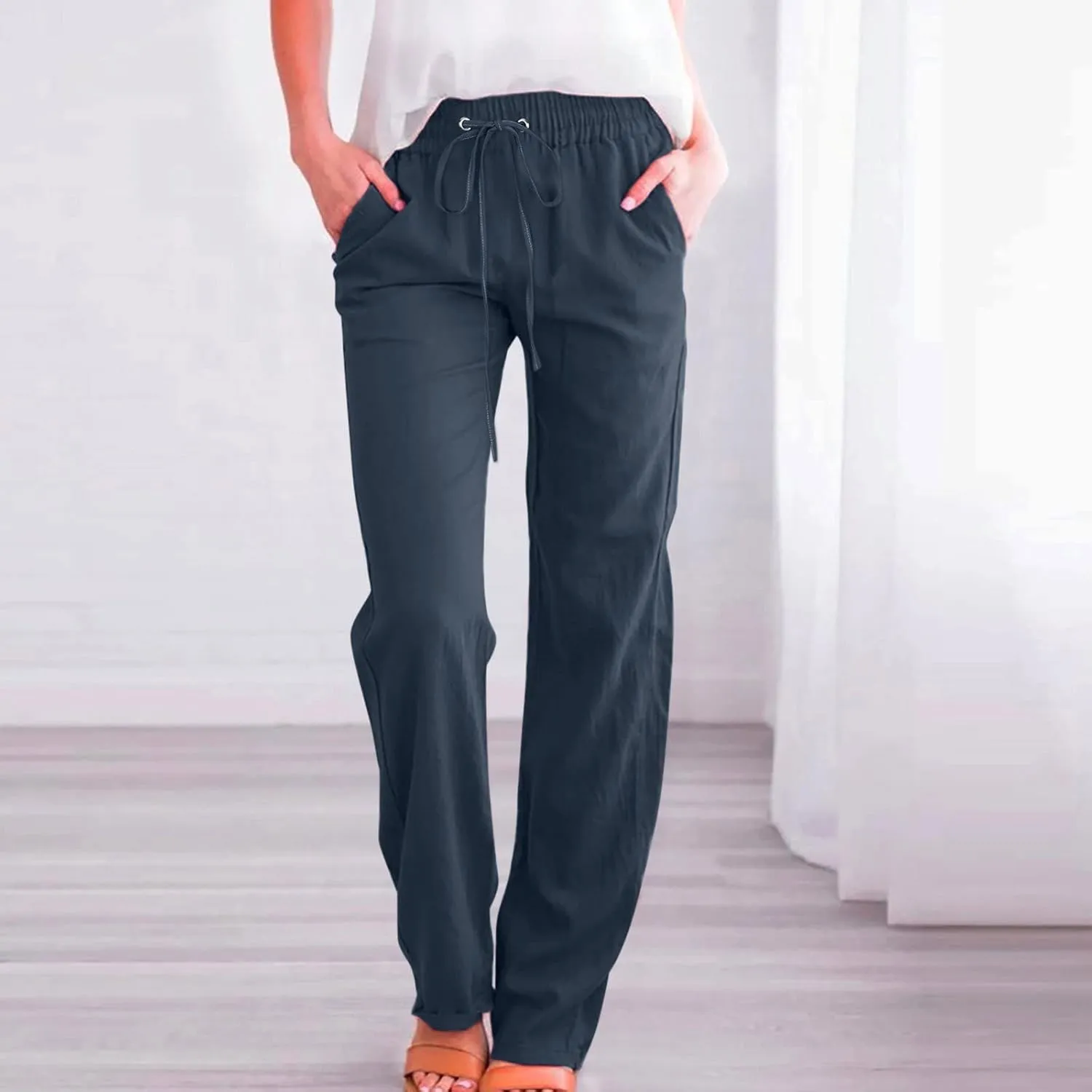 Womens Casual Linen Pants 2025 Summer Loose Fit Drawstring Elastic Waist Beach Pants Lightweight Lounge Long Trousers