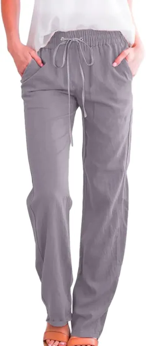 Womens Casual Linen Pants 2025 Summer Loose Fit Drawstring Elastic Waist Beach Pants Lightweight Lounge Long Trousers