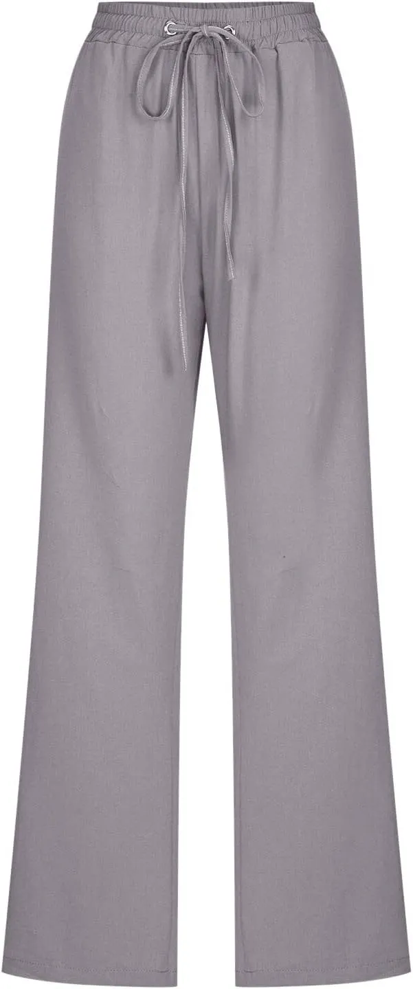Womens Casual Linen Pants 2025 Summer Loose Fit Drawstring Elastic Waist Beach Pants Lightweight Lounge Long Trousers