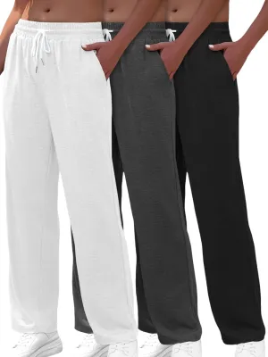 Women's Casual Pants 3 Pack - High Waist Wide Leg Bottoms Drawstring Summer Pants with Pockets
