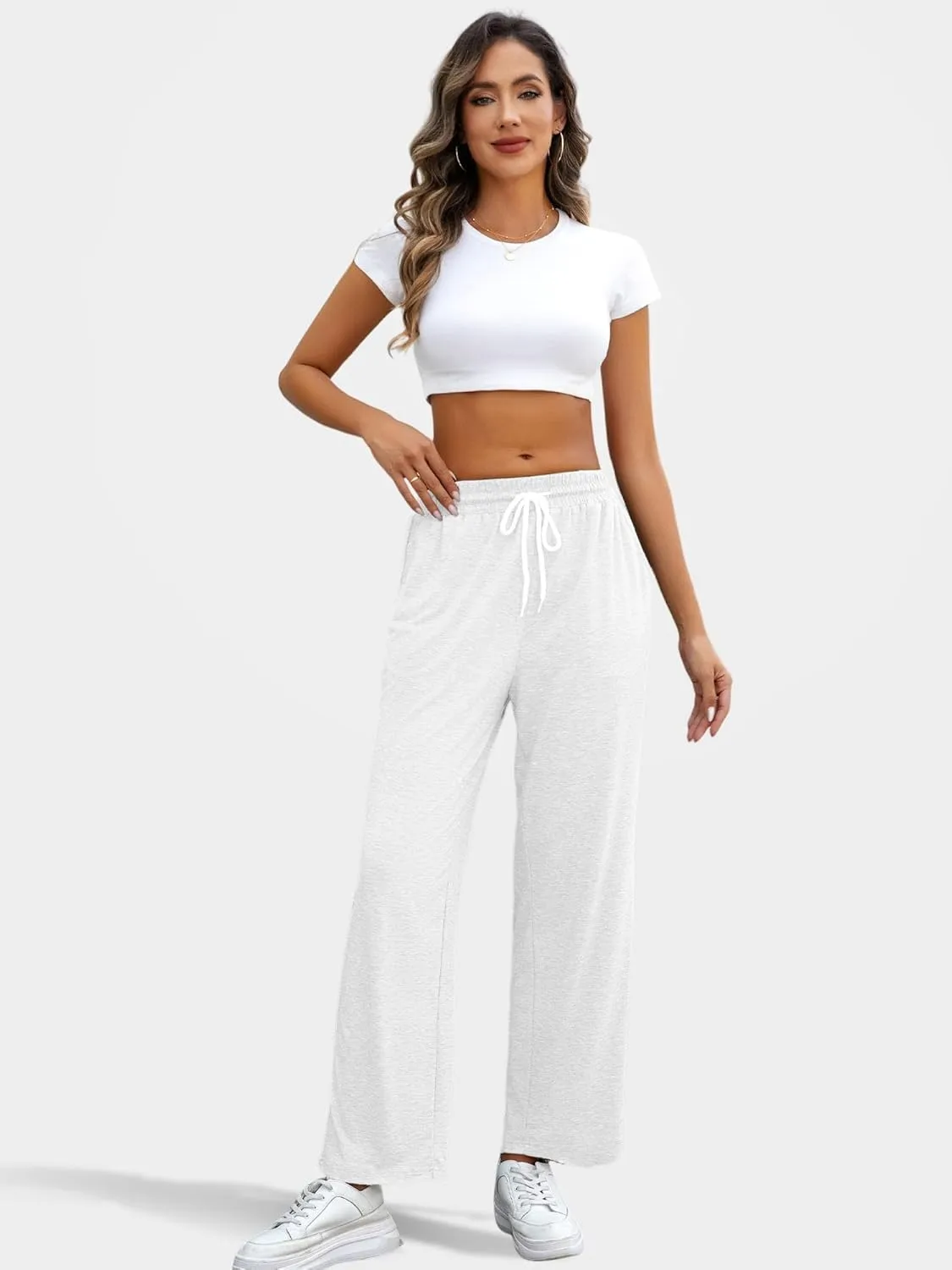 Women's Casual Pants 3 Pack - High Waist Wide Leg Bottoms Drawstring Summer Pants with Pockets