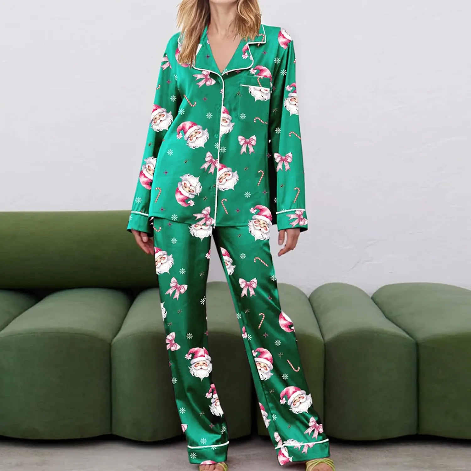 Womens Christmas Pajama Set Santa Claus Print Long Sleeve Shirt Long Pants Xmas Casual Sleepwear Loungewear