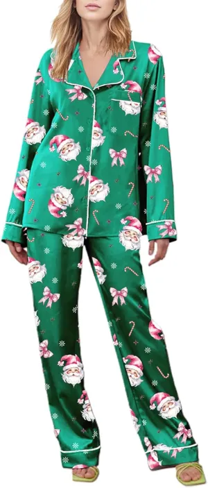 Womens Christmas Pajama Set Santa Claus Print Long Sleeve Shirt Long Pants Xmas Casual Sleepwear Loungewear