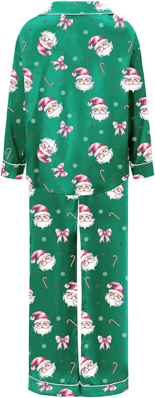 Womens Christmas Pajama Set Santa Claus Print Long Sleeve Shirt Long Pants Xmas Casual Sleepwear Loungewear