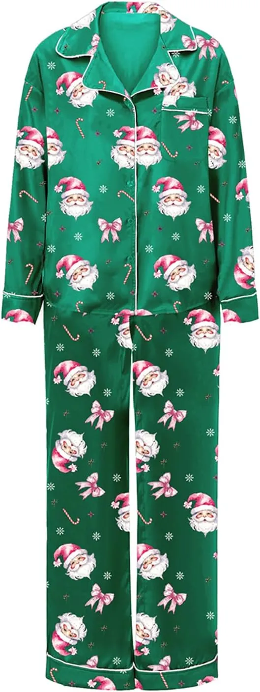Womens Christmas Pajama Set Santa Claus Print Long Sleeve Shirt Long Pants Xmas Casual Sleepwear Loungewear