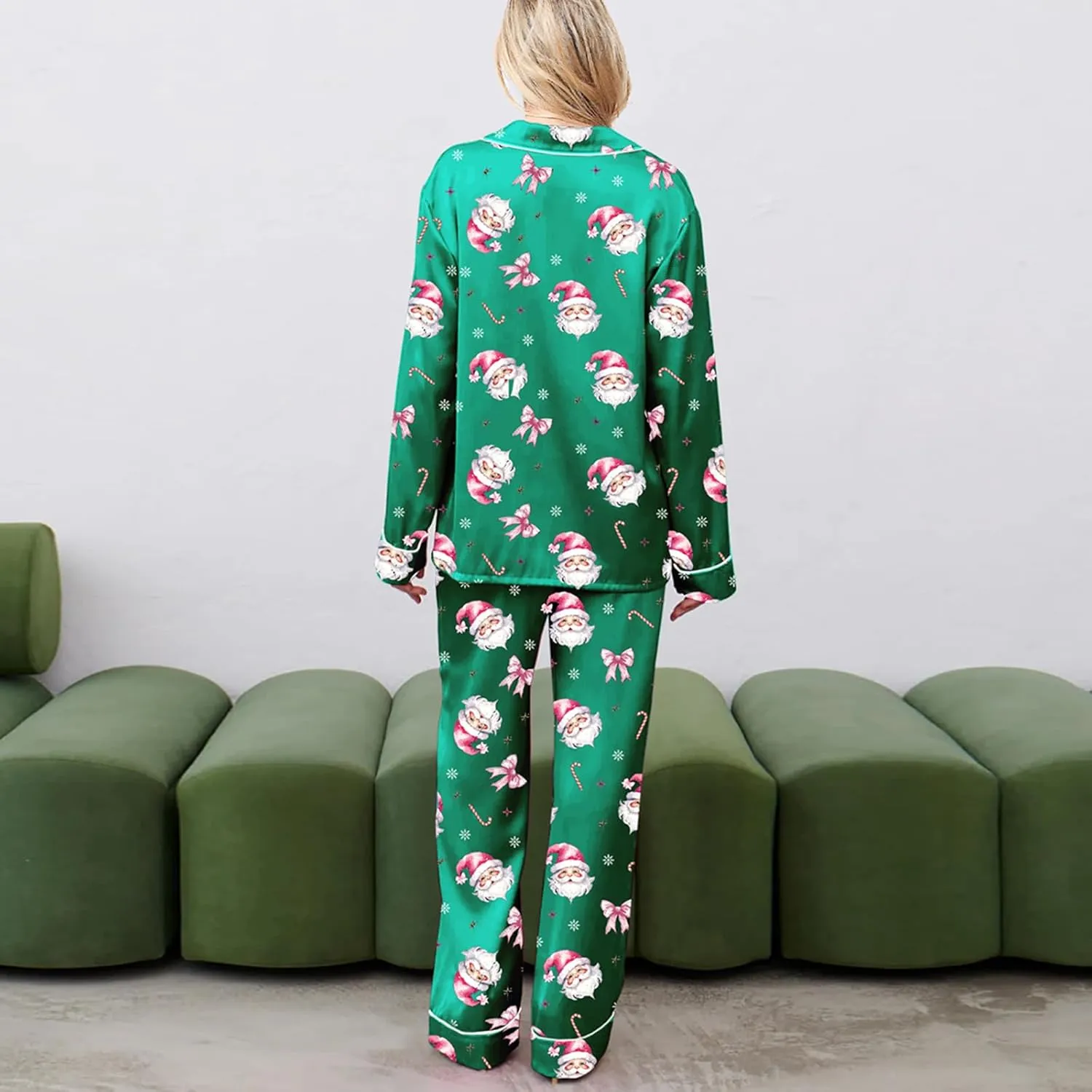 Womens Christmas Pajama Set Santa Claus Print Long Sleeve Shirt Long Pants Xmas Casual Sleepwear Loungewear
