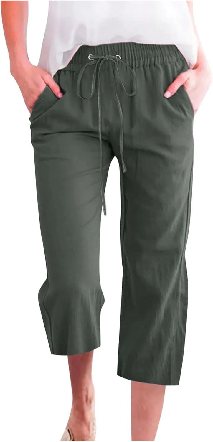 Womens Cotton Linen Capri Pants Casual Summer 2025 Straight Wide Leg Loose Fit Drawstring Elastic Cropped Trousers