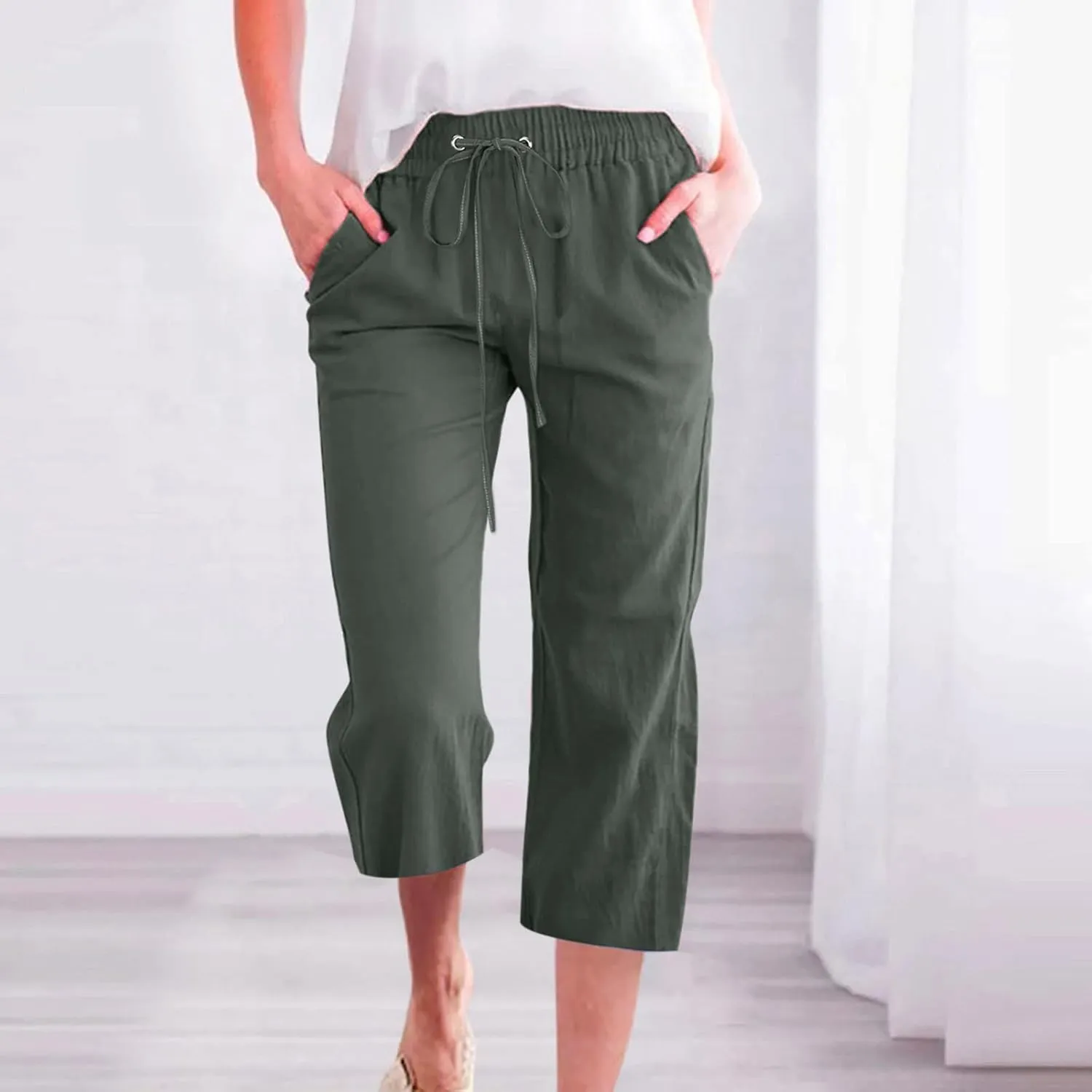 Womens Cotton Linen Capri Pants Casual Summer 2025 Straight Wide Leg Loose Fit Drawstring Elastic Cropped Trousers