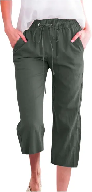 Womens Cotton Linen Capri Pants Casual Summer 2025 Straight Wide Leg Loose Fit Drawstring Elastic Cropped Trousers