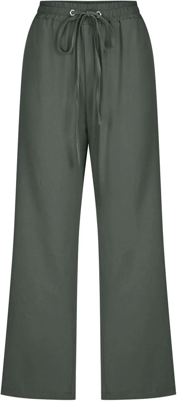 Womens Cotton Linen Capri Pants Casual Summer 2025 Straight Wide Leg Loose Fit Drawstring Elastic Cropped Trousers