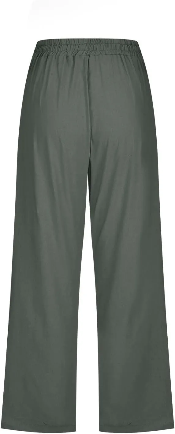 Womens Cotton Linen Capri Pants Casual Summer 2025 Straight Wide Leg Loose Fit Drawstring Elastic Cropped Trousers