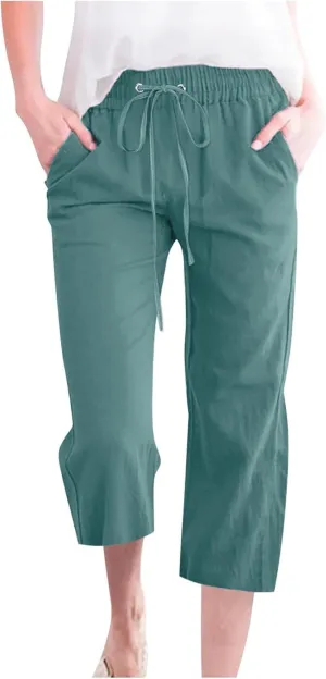 Womens Cotton Linen Capri Pants Casual Summer Pants Plus Size Drawstring Elastic Waist Cropped Trouser with Pockets