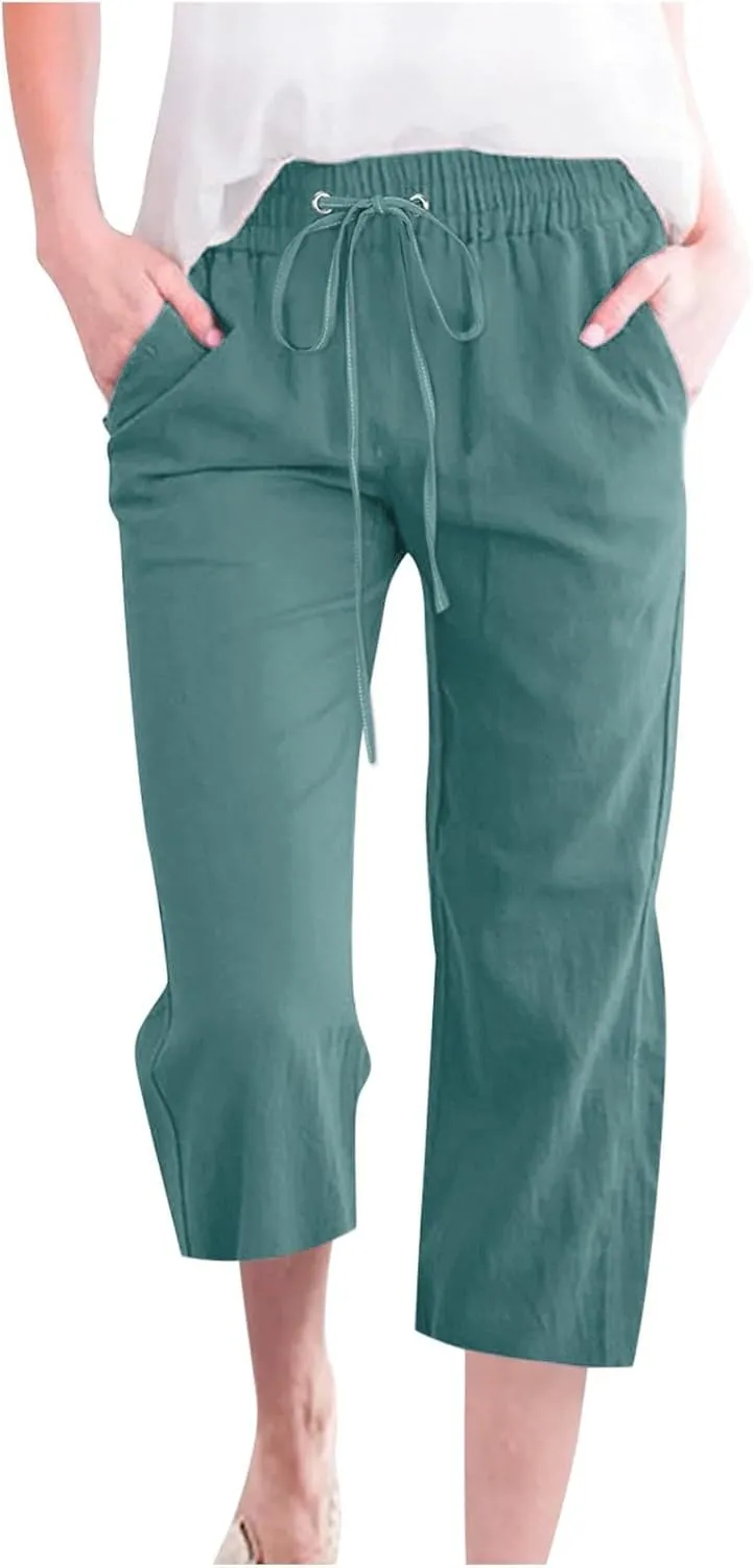 Womens Cotton Linen Capri Pants Casual Summer Pants Plus Size Drawstring Elastic Waist Cropped Trouser with Pockets