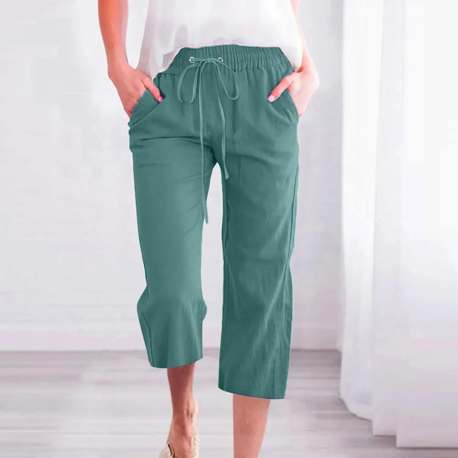 Womens Cotton Linen Capri Pants Casual Summer Pants Plus Size Drawstring Elastic Waist Cropped Trouser with Pockets